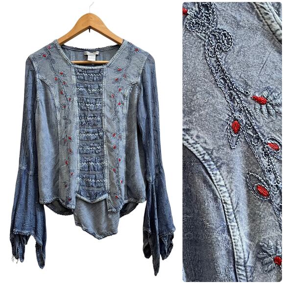 Cute Options Blue Embroidered Detail Bell Sleeves Boho Hippie Blouse Size Large - Picture 15 of 15